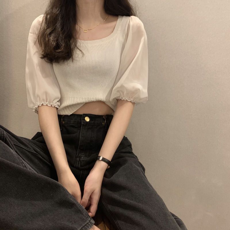 French Square Neck Bubble Short Sleeved Knitted Sweater for Women's Summer Korean Version Slim Fit and Slimming Short Top