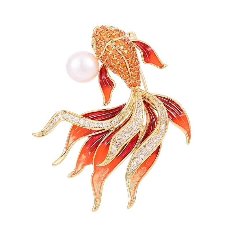 Pearl Koi Brooch, Elegant Goldfish Brooch, Niche Luxury Design Pin