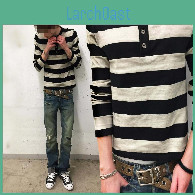 American And Y2k Personalized European Dark Printed Round Neck Button Long Sleeve Striped Retro Street Trendy Top