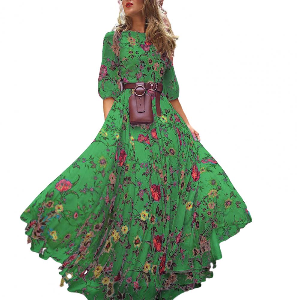 Abito stampato aderente, elegante abito lungo floreale per donna, silhouette a trapezio, design a vita alta, dettaglio mezza manica per primavera estate