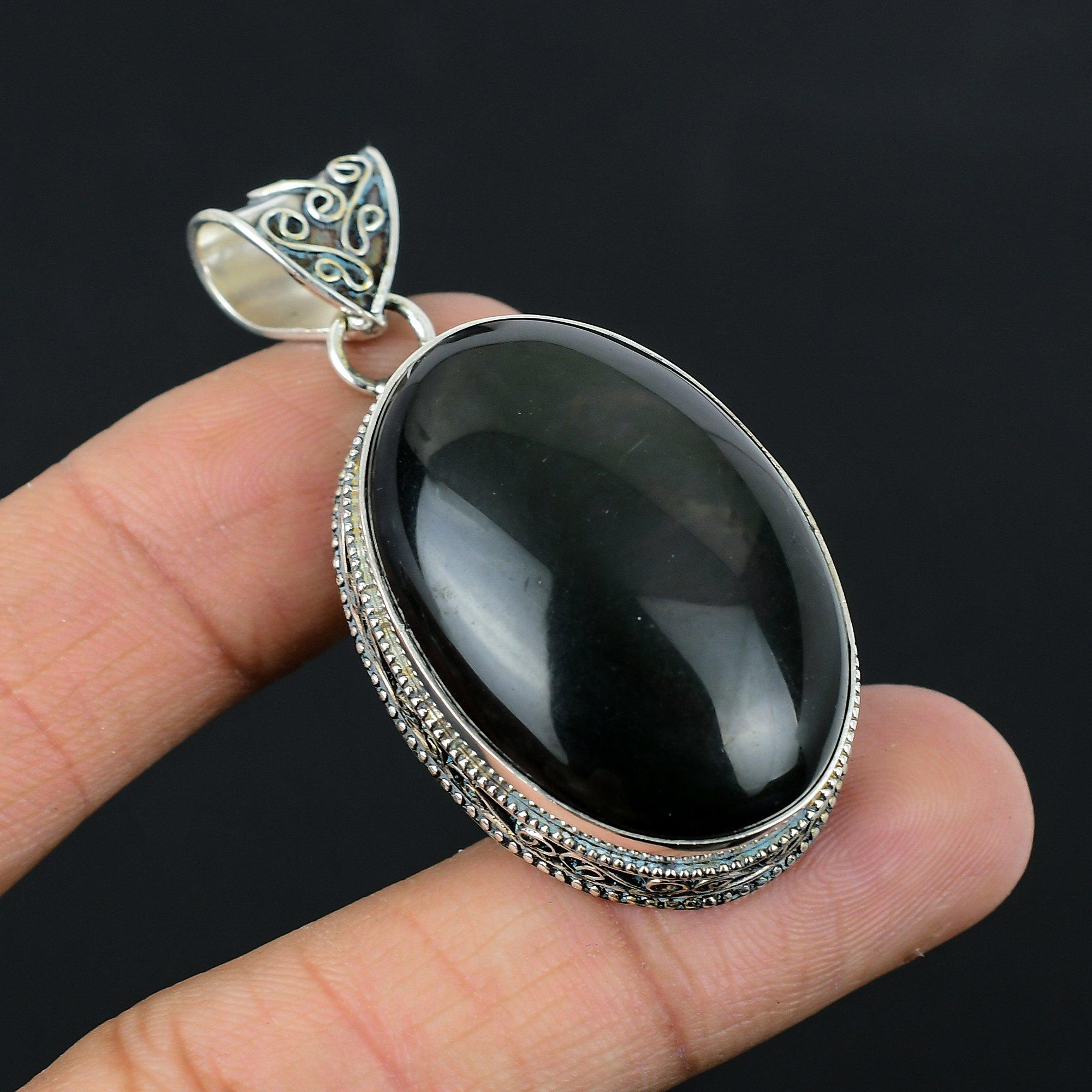Womens day Sale 925 Silver Oval Natural Black Obsidian Birthday Sister Pendant