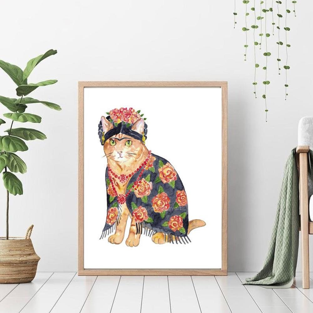 Cat Drinking Coffee Wine Painting Wall Poster Watercolor Art Print Funny Nursery Kitchen Canvas Cute Animal Room Home Decor