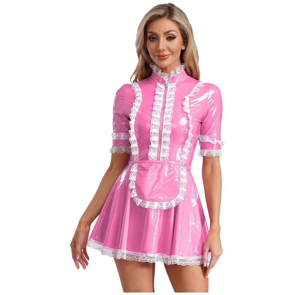 Kadın PVC Deri Dantel Kenarlı Hizmetçi Elbisesi Önlük ile Anime Cosplay Rol Yapma Kostümü