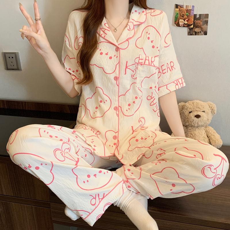 Cartoon Girl Pink Bear Printed Cloud Cotton Pajamas Women'S Summer Short-Sleeved Trousers Casual Loungewear