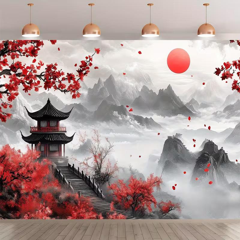 2D Ethereal Asian Landscape Tapestry Red Cherry Blossom Pavilion Zen Aesthetic Wall Background 47.2x31.5inch/120*80cm