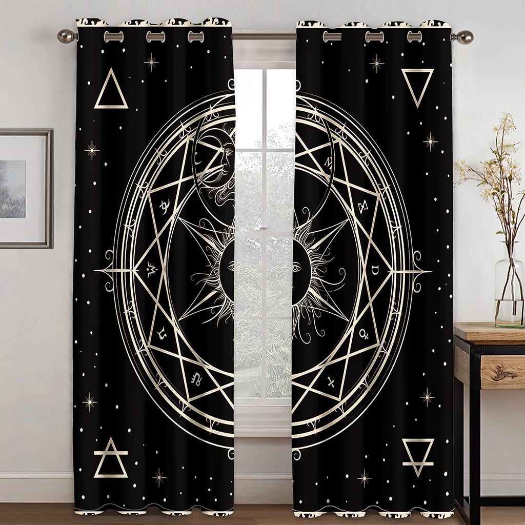 Boho Psychedelic African Women Art Black Stars Moon Panel Thin Shading Polyester Window Curtain for Bedroom Living Room Decor