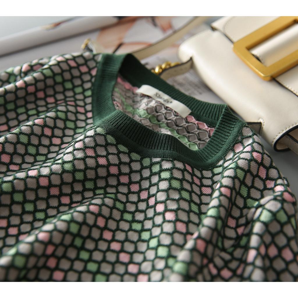 Nordic Simple Style Summer New Fish Scale Plaid Color Matching Short-sleeved Knitted T-shirt