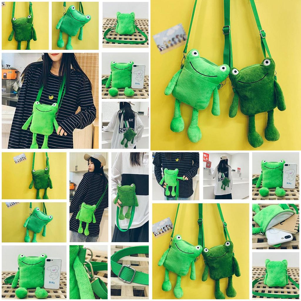 Cute Green Frog Plush Shoulder Bag For Women Cartoon Character Crossbody Purse With Zipper Closure