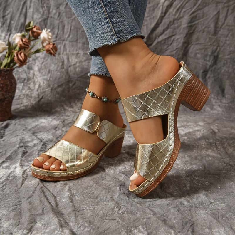 

Women s shoes open-toe high-heeled slippers Women s new thick-heeled embossed fashion cool slippers 36