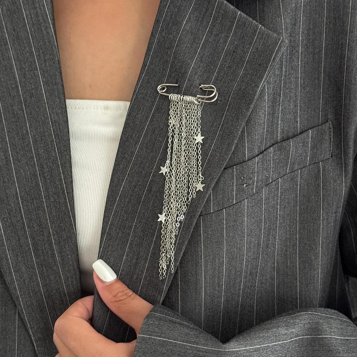 

Fashion Simple Bead Chain Tassel Brooches for Women Vintage Silver Color Star Chain Pants Pin Clothing Decorate Pin Accessories