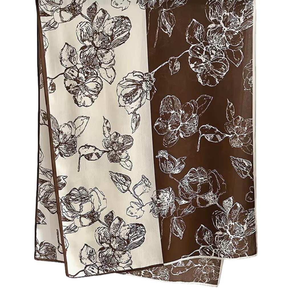 Brown-Ecru Scarf with Floral Pattern - 100% Viscose, 178x66