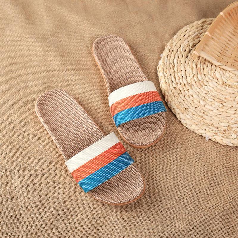 Aphixta Women Slippers Men Flax Indoor Slids Flat Heel Summer Bedroom Slippers Gingham Flax Home Female Male Shoes W