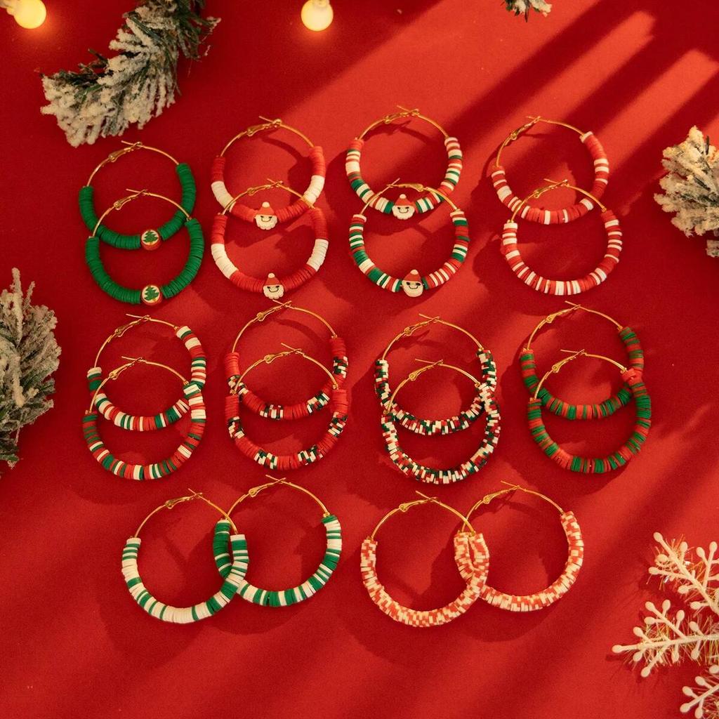 Salircon 10 Styles Romantic Cute Colorful Soft Pottery Hoop Earring Women Fashion Christmas Tree Snowman Series Ear Jewelry Gift