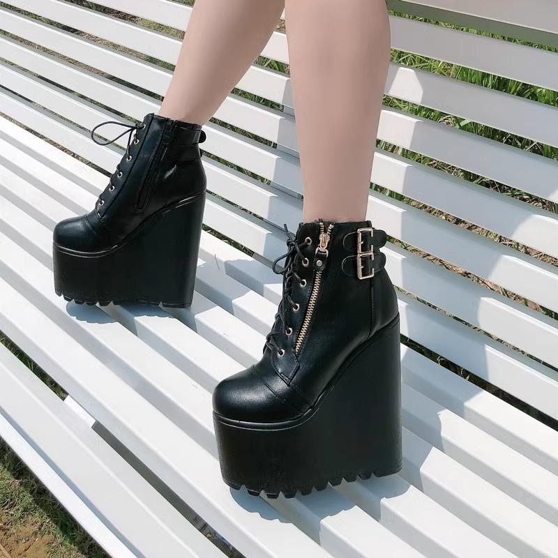 Fashion 16CM Wholesale Autumn Ankle Boots For Women Motorcycle Boots Chunky Heels Casual Lacing Round Toe Platform Boots Shoes Female