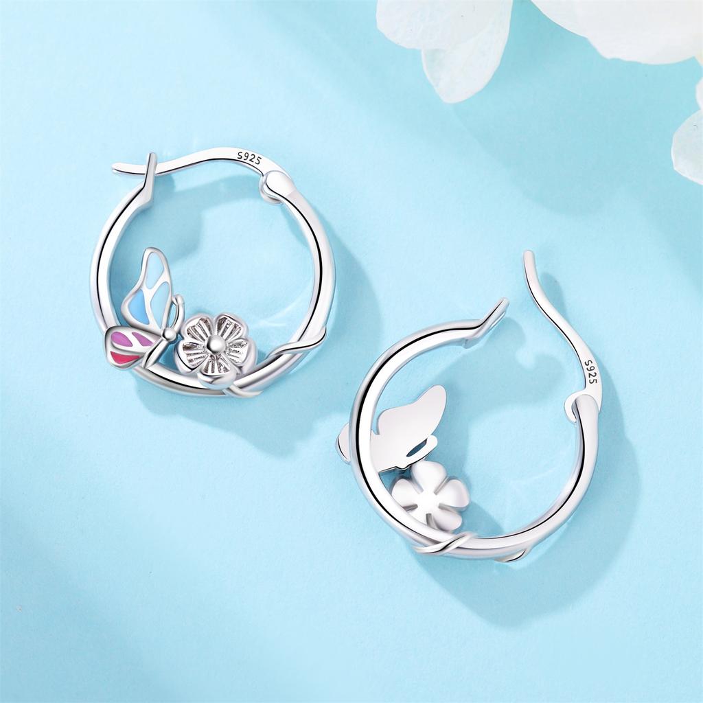 S925 Silver Flower Butterfly Earrings Hoop Earrings Women Jewelry Trendy Anniversary Gifts