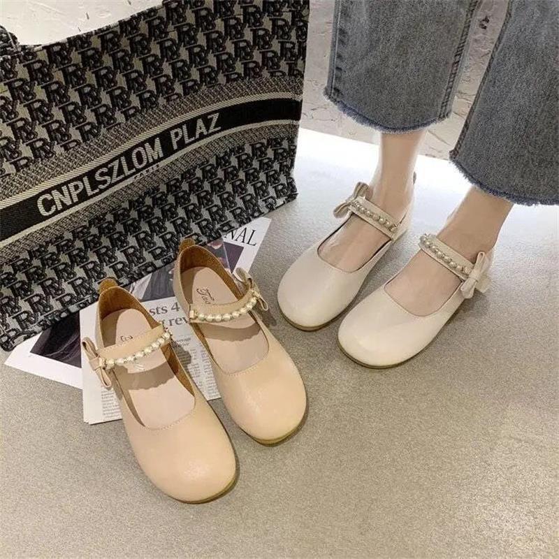 Fairy wind gentle flat-bottomed pearl single shoes female 2025 summer new versatile Mary Jane student lazy beanie shoes