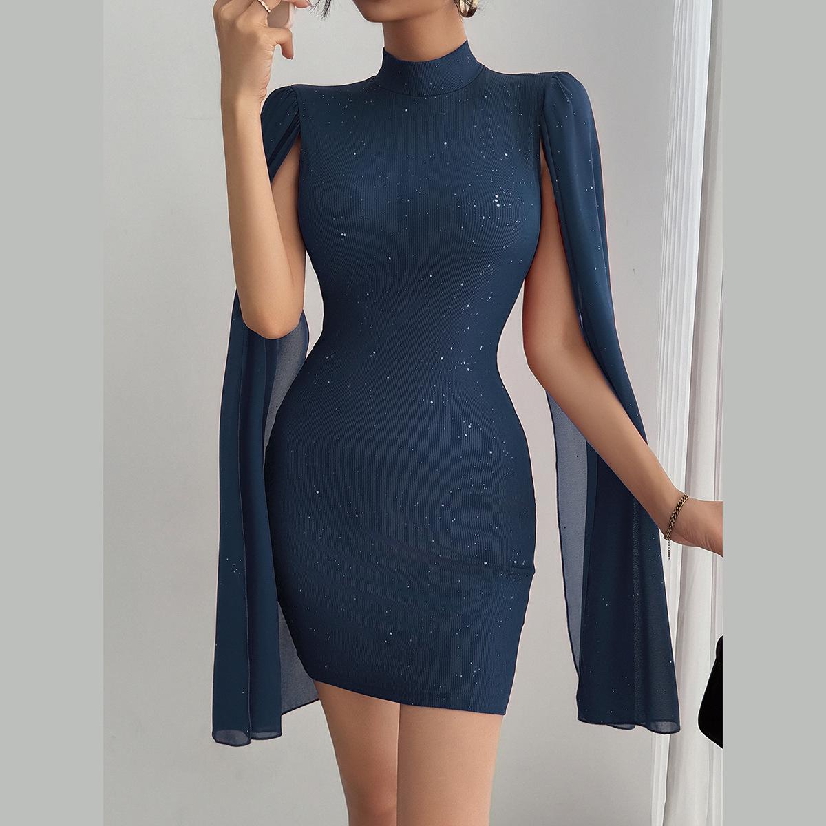 

European & American Women s Ribbed Pearl Chiffon Cape Dress with Round Neck Small темно-синього кольору