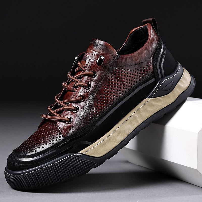 Men's board shoes casual leather shoes men's summer hollow breathable cool leather shoes real cowhide sports shoes youth shoes black