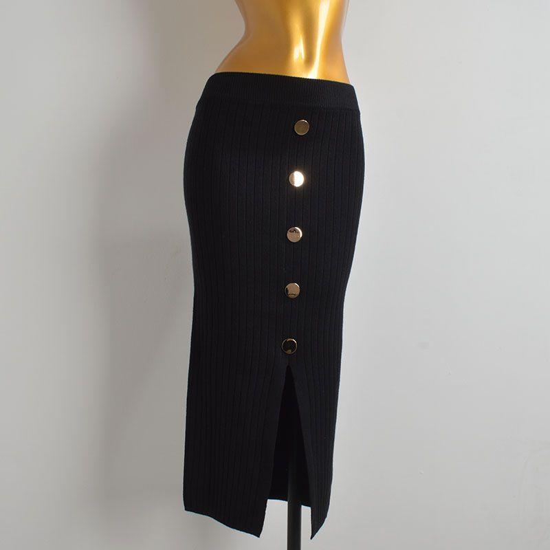 French Simplicity New Arrival Metal Buckle Knitting Skirt Women's Clothing Spring & Fall Elastic Waist High Hip Split Straight Skirt