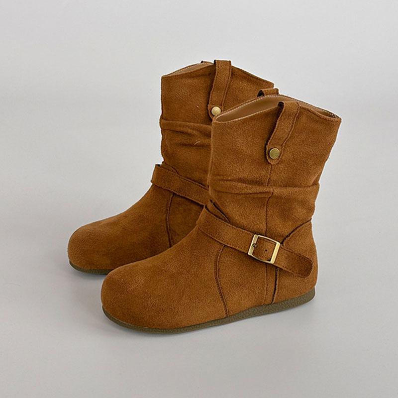 Fashion Retro Suede Buckle Western Boots Fashion Casual Ladies Flat Bottom Slip On Solid Color Short Botines Spring Autumn Women's Shoes
