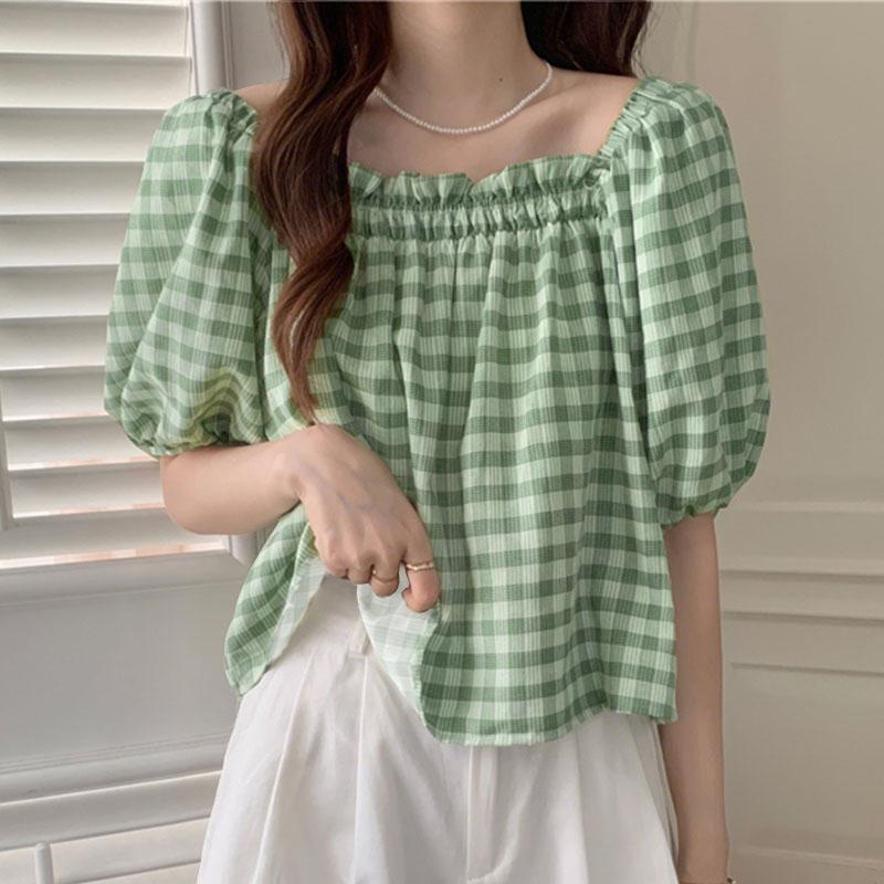 

ZANZEA Женская повседневная летняя свободная блузка с клетчатым принтом, квадратным вырезом и рукавами до локтя 5XL зелёный