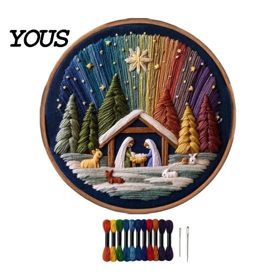 Polyester Embroidery Fabric Nativity DIY Kit, Manger Scene Hand Patterns Christian Needlepoint Craft Kit for Beginners, Religious Home Decoration