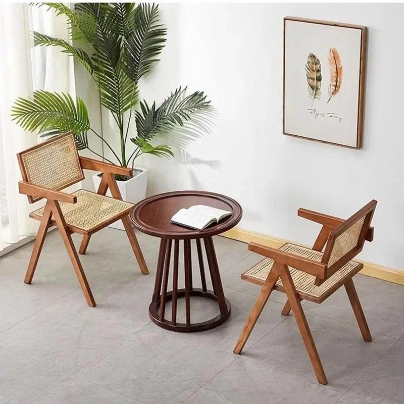 Medieval Modern Armchair - Wooden Frame and Rattan Weaving Design, Accent Chair for Dining Room and Living Room, Lounge Chair