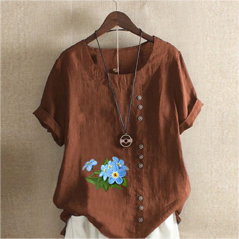 Women's Fashion Flower Prined Short Sleeve T-shirt Loose Cotton Shirt Casual Loose Summer Blouse Tops