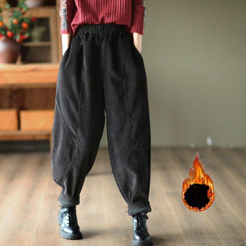 Corduroy Pants Padded Thickened Autumn Winter New High Waist Loose Solid Color Splicing Warm Harlan Fashion Trousers Large Size