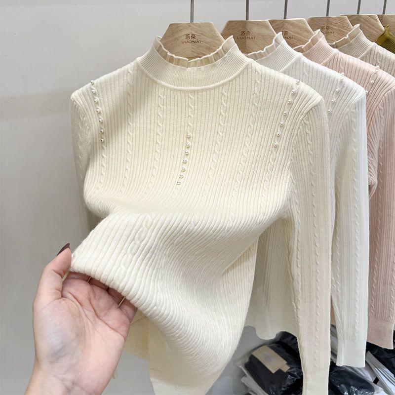 Women's Lace High-Neck Knit Sweater Autumn/Winter Beaded Solid Color Knit Pullover Sweater Stretch Knit Base Shirt