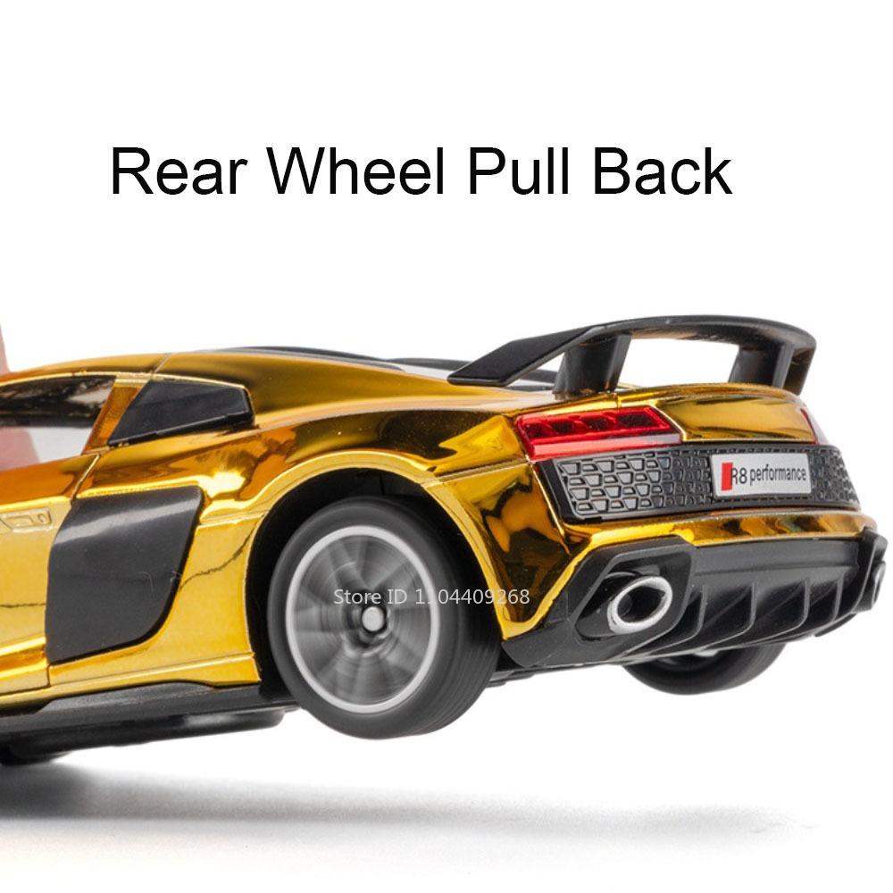 1:32 R8V10 RS6 Sports Car Toy Model Alloy Body Rubber Tires Models Sound Light Pull Back Supercar Collection Gifts for Children