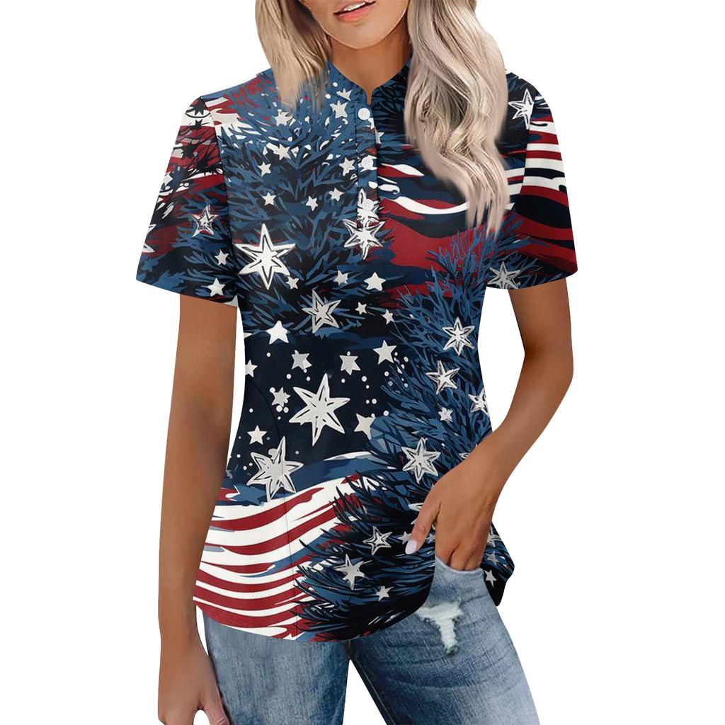 Women Casual Polo Shirt Loose Fit Short Sleeve Top American Flag Print Button Collar Summer Tee
