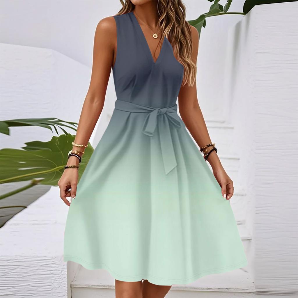 Women's Spring And Summer Casual V-Neck Sleeveless Waist Gradient Printed Midi Dress