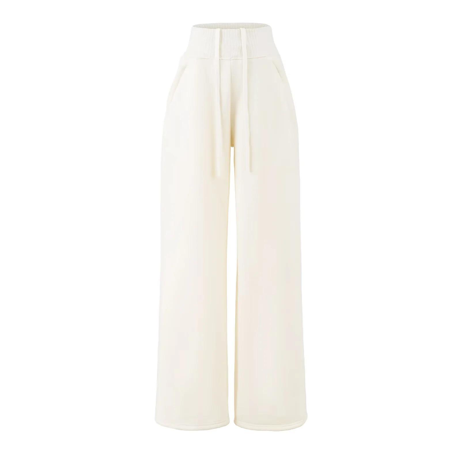 

Women s Fleece-Lined High-Waisted Wide-Leg Pants with Drawstring Waist - 2025 Winter Collection Large