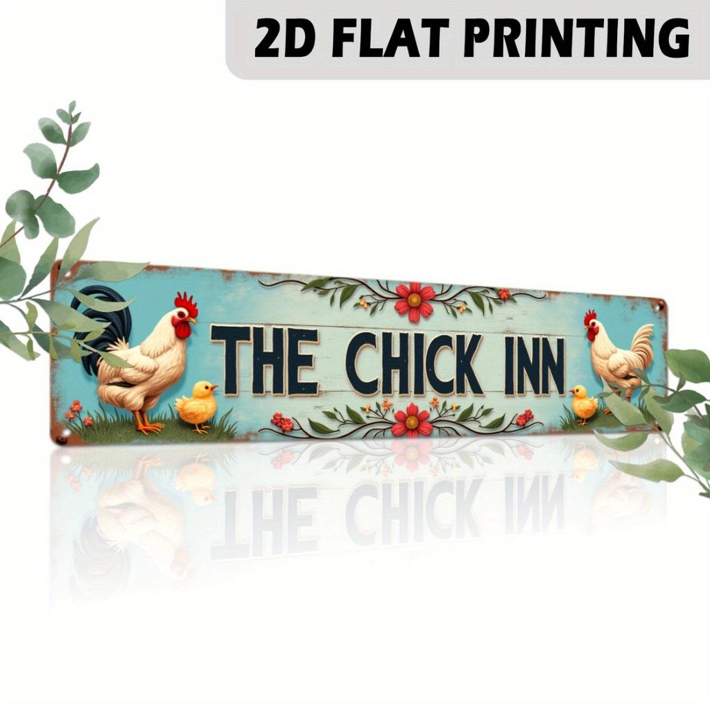 2D Flat, 2D Flat - 2D Flat Plane, 1pc Rustic Style Chicken Coop Iron Sign - Vintage Farmhouse Wall Decor with Rooster and Chicks Design, 9.91x39.88 cm