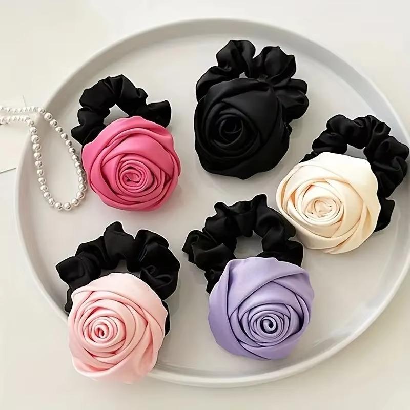French Stain Rose Flower Elastic Hairbands Women Girls Hair Ropes Ties Flower Hair Scrunchies Ponytail Holder Hair Accessories