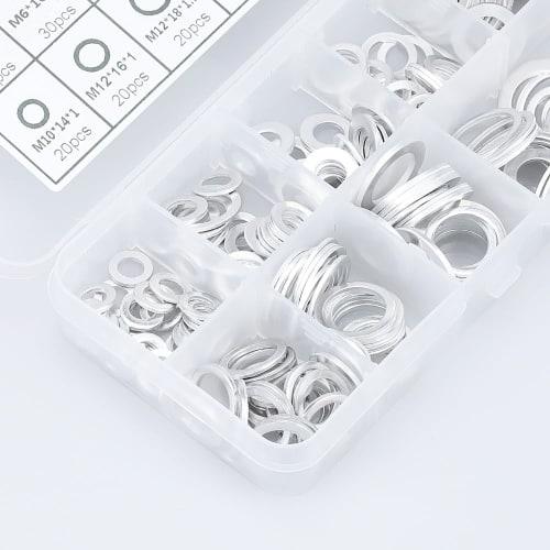 Glvaner Washers, Aluminum Flat Washers, Oil Drain Gaskets, 200-Piece Set, 9 Types, Heat-Resistant Washer O-Rings, M5, M6, M8, M10, M12, M14, Suitable