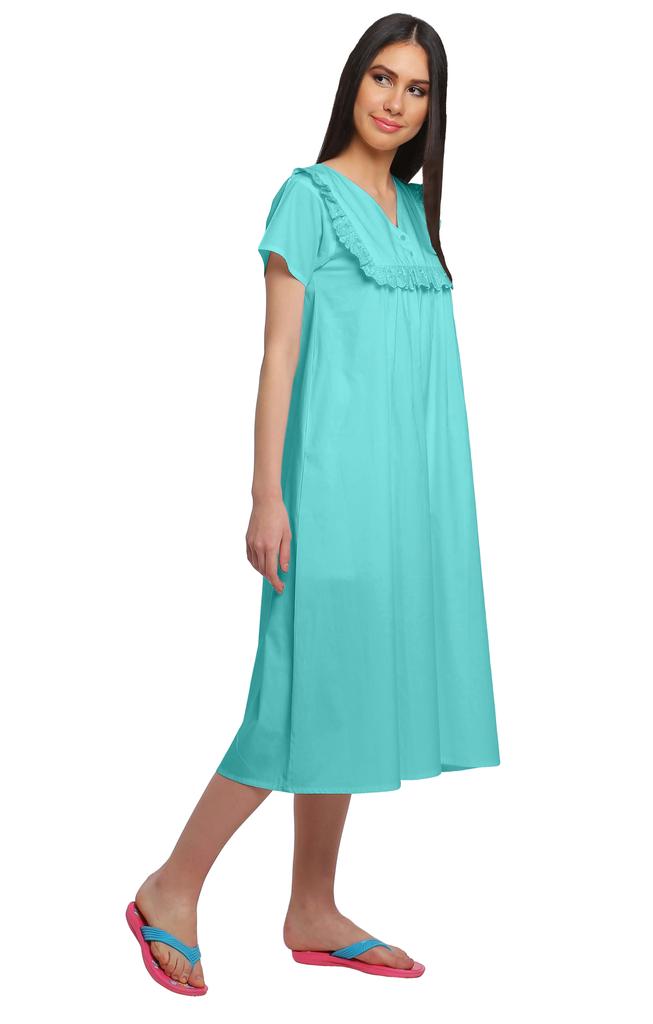 Moomaya Solid Short Sleeve Nightdress For Ladies Button Placket Nightwear