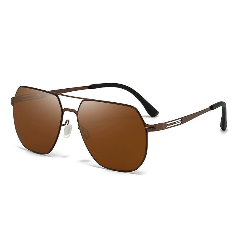 New European and American fashion square ultra-light sunglasses men's retro double beam stainless steel leather outdoor sunglasses