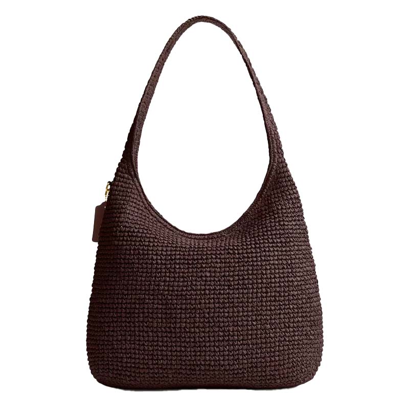 Coach Brown Woven Large Hobo Shoulder Bag with Embossed Logo for Daily Use