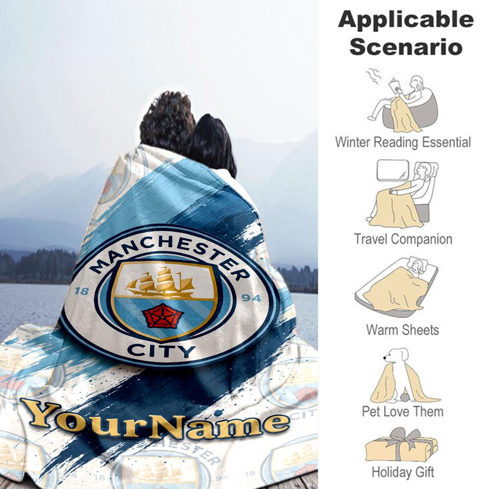 Manchester City Personalized Text Blanket Multi-purpose Personalized Blanket Ultra-Soft Suitable for Office Living Room Livingroom Bed