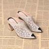 Mesh Half Slippers Women's Bag Head Outer Wear 2025 New Summer Cool Slippers Hollow Rhinestones Summer Breathable High Heels