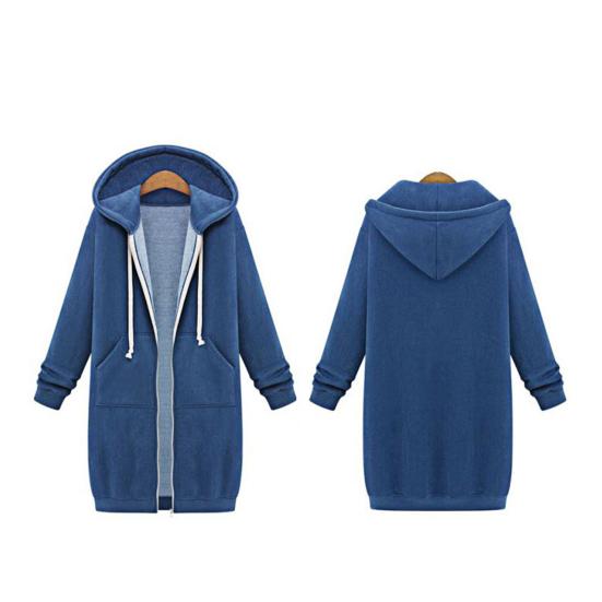 Women Sweatshirt Coat Hooded Adjustable Drawstring Long Sleeve Coat with Pockets Solid Color Mid-length