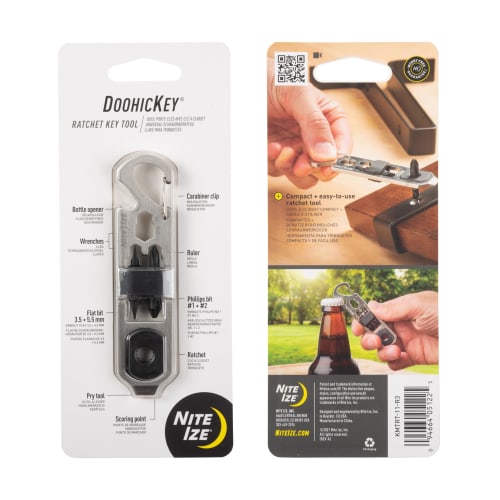 NITEIZE Doohickey Ratchet Key Tool, Small Multi-Tool with Keychain, Bottle Opener, Screwdriver, Box Cutter, Ruler, and Carabiner, Silver