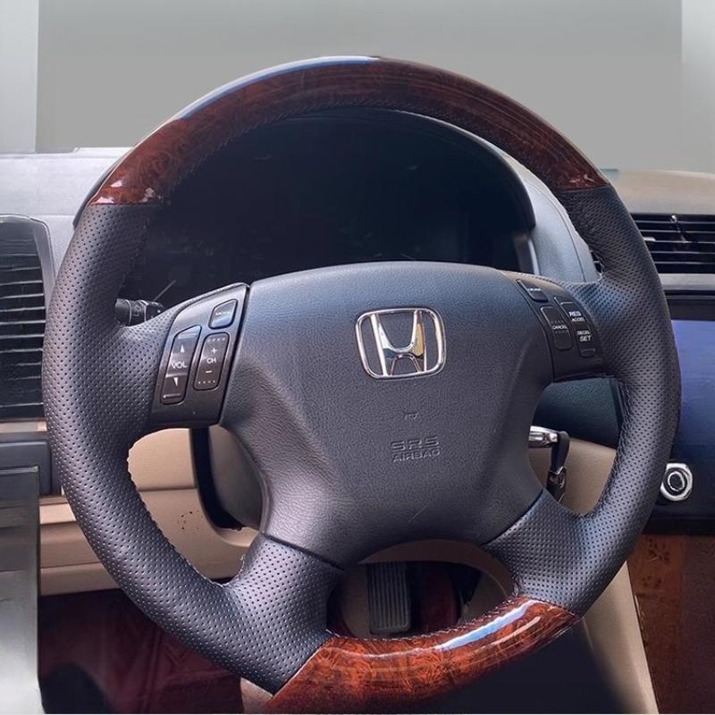 For Honda Accord 7th 2003-2007 Odyssey 2005-2010 Hand-stitched Black Leather Peach Wood Grain Car Steering Wheel Cover