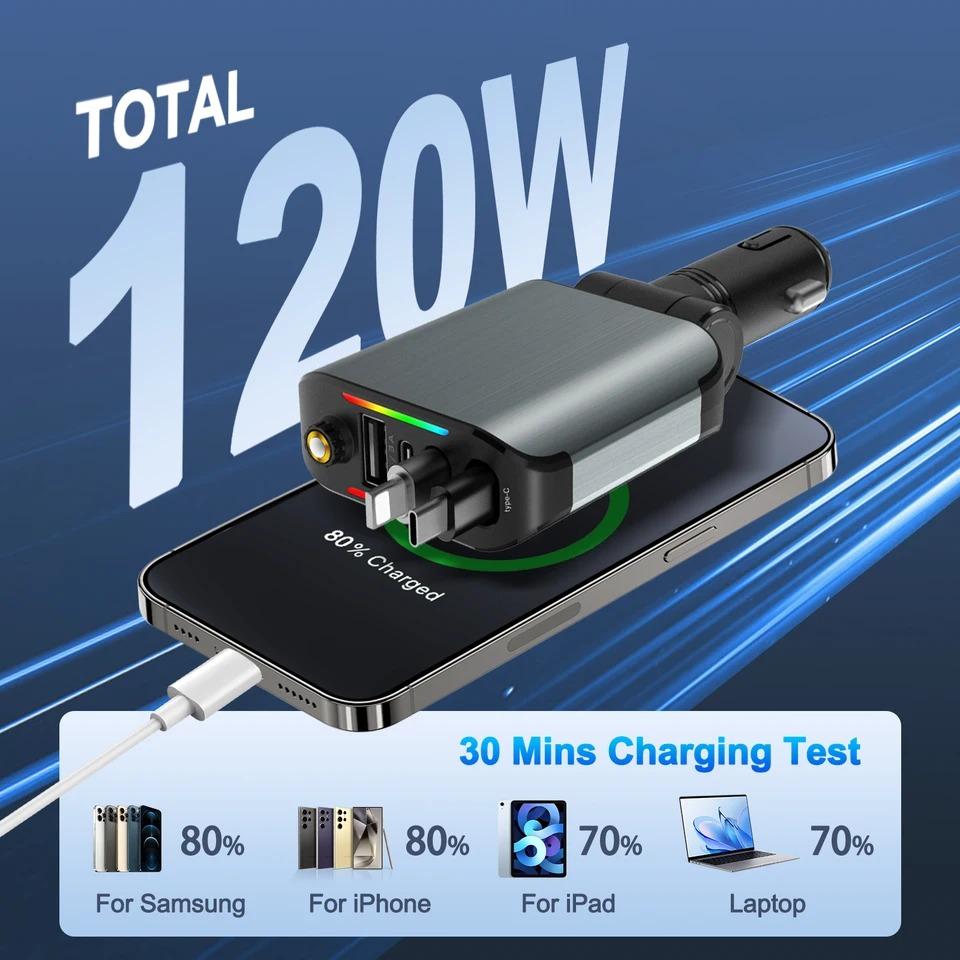 NEW 4 In 1 Retractable Fast Car Charger with Starlight Roof Phone Charger,120W USB C Adapter,2 USB Ports Phone Car Chargers For iPhone Samsung