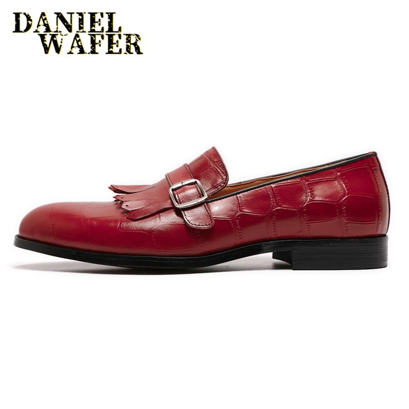 Fashion Luxury Men's Loafers Fashion Casual Men Dress Shoes Handmade Stone Print Buckle Strap Slip On Black Red Genuine Leather Shoes