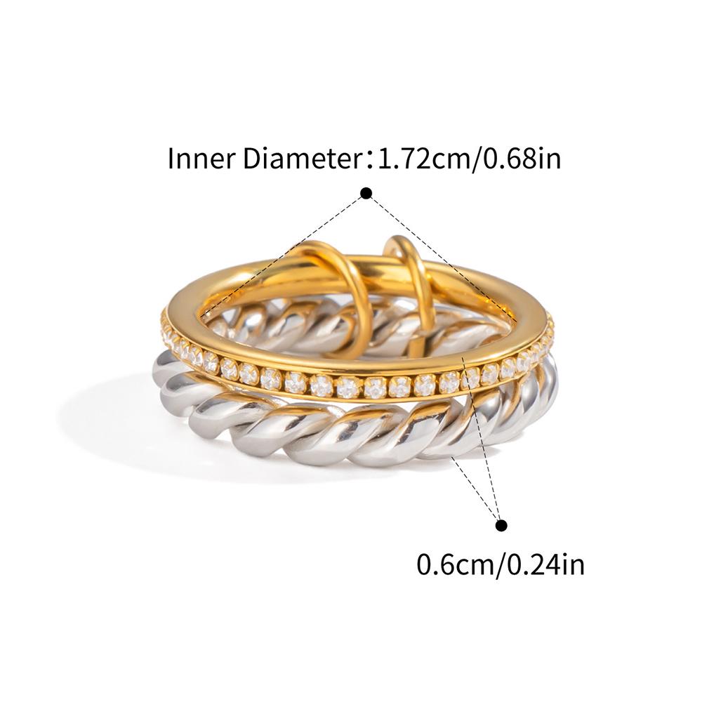 Stainless Steel Two Tone Double Layer Cubic Zirconia Circle Ring 18K Gold Plated Stackable Waterproof Ring for Women Jewelry