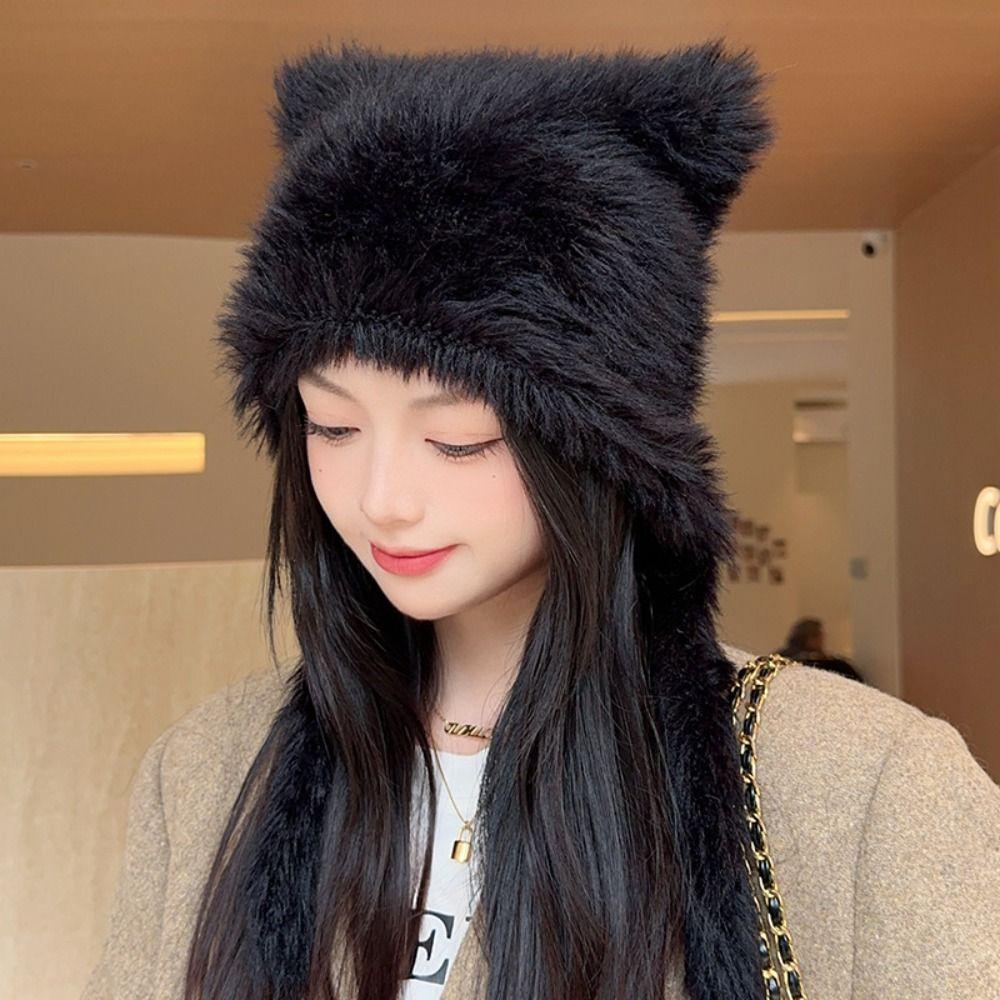 Solid Color Beanies Cap Windproof Women Earmuffs Cap Cute Winter Bear Ears Hat