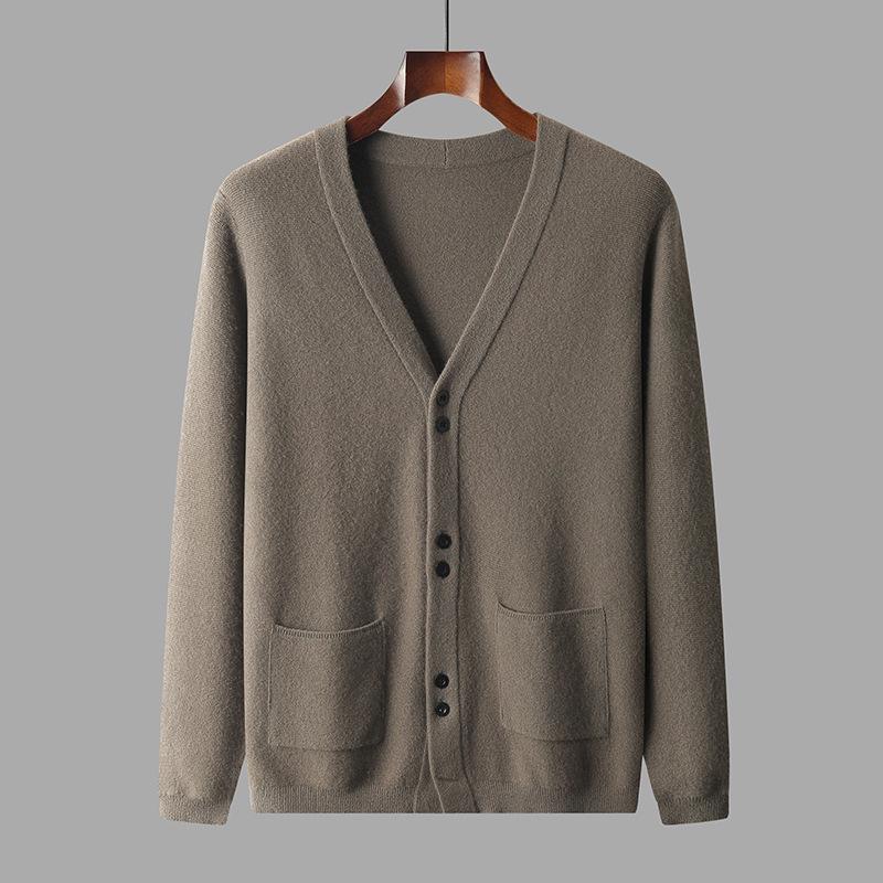 Men's V-Neck Pure Wool Cardigan, Plus Size, Middle-Aged & Elderly, Loose Fit, Solid Color, Casual Knit Outerwear for Autumn & Winter.
